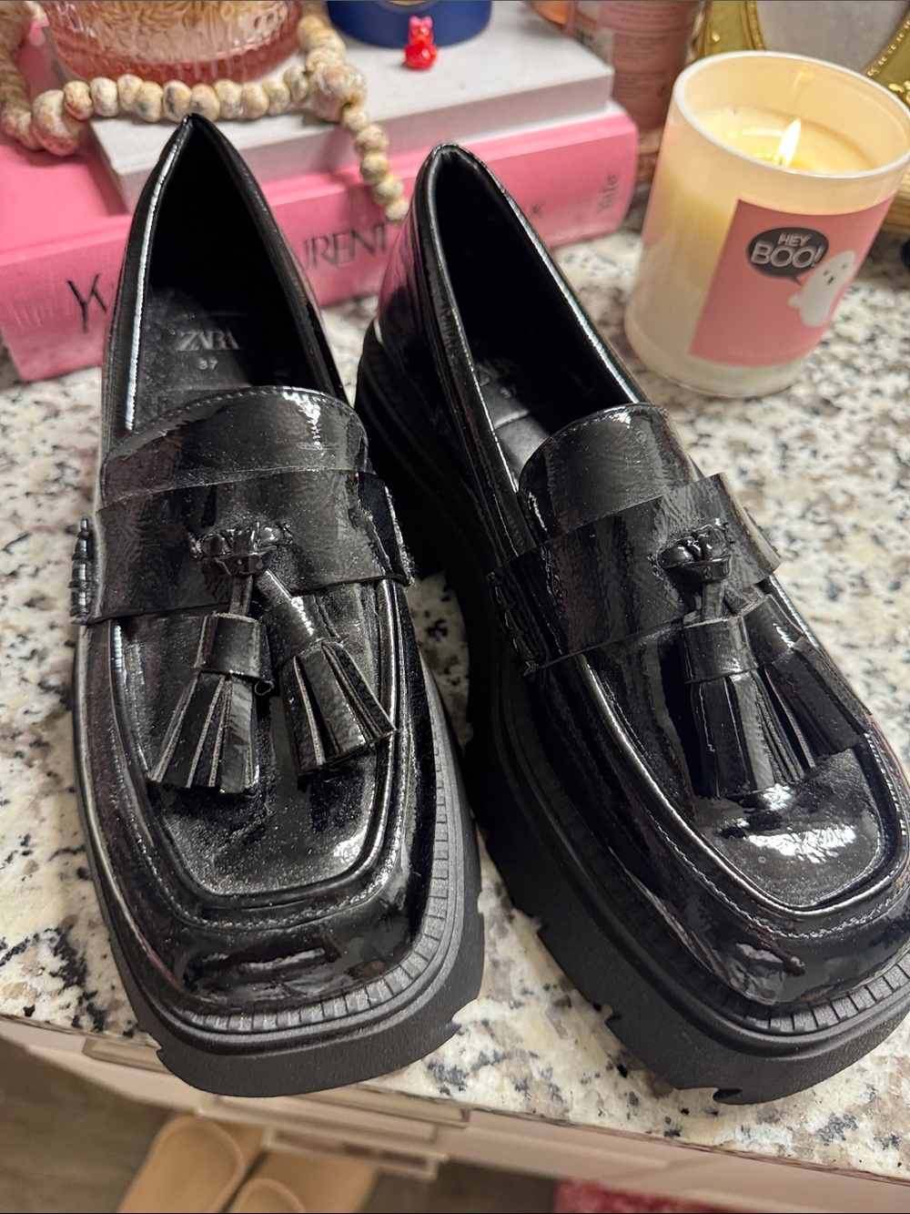Zara Black Patent Tassel Platform Loafers - Glossy Finish